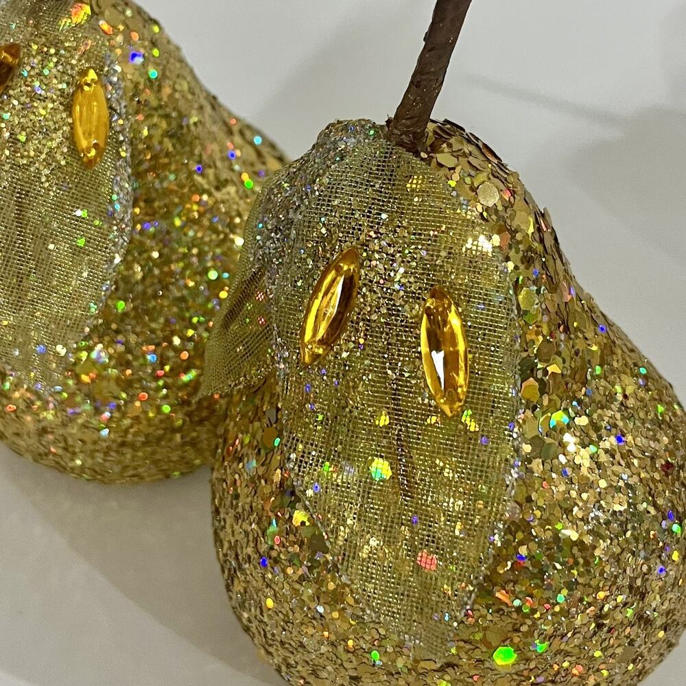 4 Sequin Gold Pear Faux Fruit Jewel Glitter Leaves Decorative Holiday Decor 5” - Picture 3 of 9